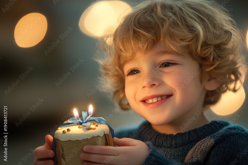 Naklejka premium Joyful child holding a gift box illuminated with warm fairy lights