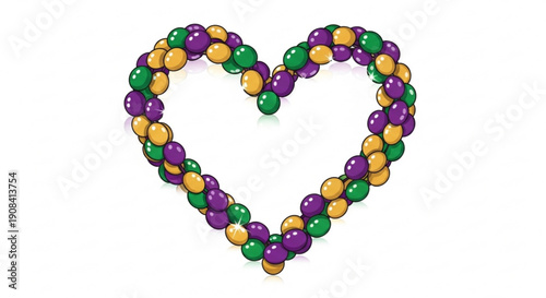 Mardi gras beads in purple green and gold form a heart shape on white background for festive celebration