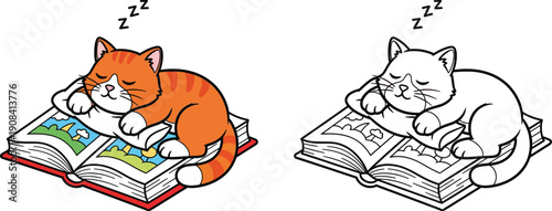 Adorable Cartoon Sleeping Orange Cat on a Pillow and Open Book with Coloring Page Outline