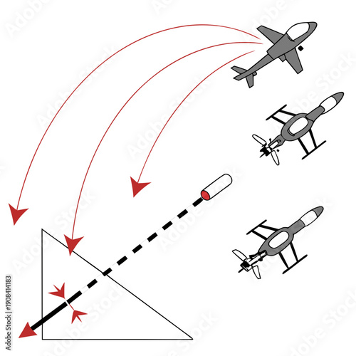 Drone releasing missile with trajectory paths warfare
