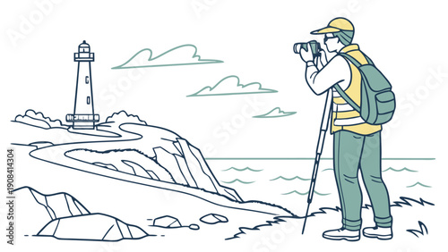 Photographer with Camera and Tripod at Coastal Lighthouse Illustration,  A vector illustration of a photographer with a backpack and cap, using a camera on a tripod to take a picture of a coastal 