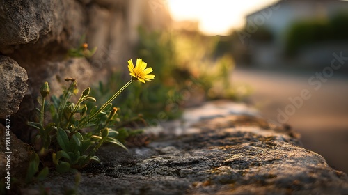 Lone Yellow Flower Blooms Resiliently Amidst Rough Stone Wall at Sunset.