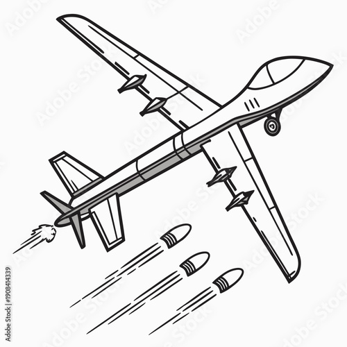 Gray military drone with missiles under wings launching projectiles