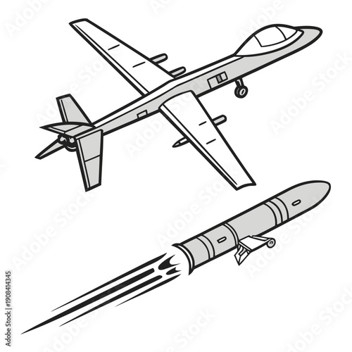Grayscale of drone and missile in flight unmanned aerial vehicle