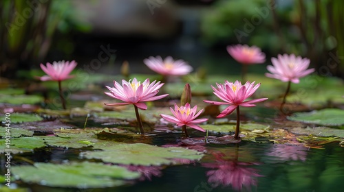 Beautiful Pink Water Lilies Blooming in a Serene Pond.