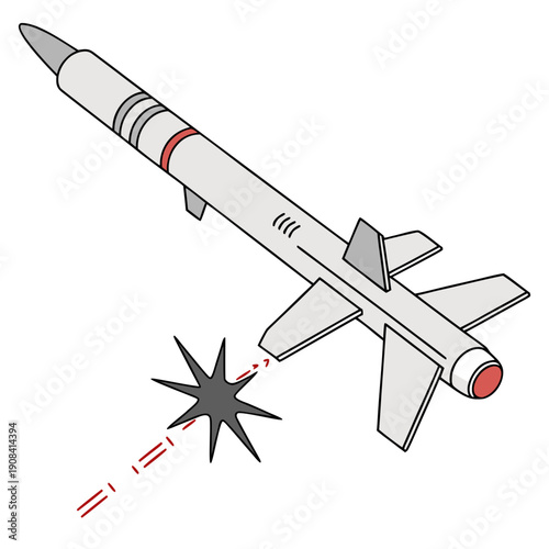 Missile ignition concept with gray and red missile and explosion
