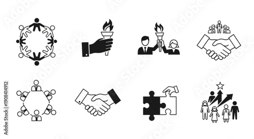 A set of simple black and white illustrations depicting various partnership and collaboration concepts, including teamwork, unity, and agreement, shown from a straightforward viewpoint