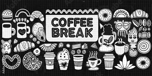 Doodle style illustration of coffee pastries and related breakfast items