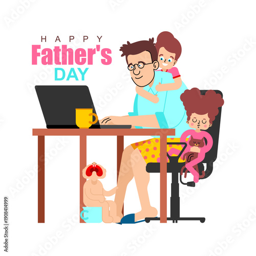 Happy Father's Day concept. Freelance father working on laptop with three kids at home. Remote work, parenting and family lifestyle illustration