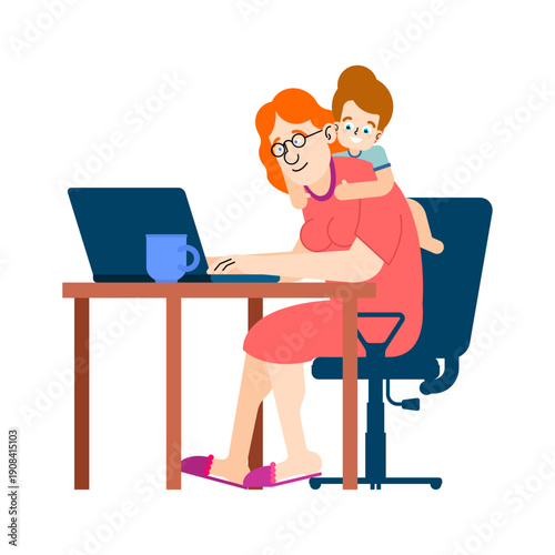 Freelance mother working on laptop with a child on her shoulders. Home office, parenting balance and multitasking concept. Flat vector illustration of a productive mom.