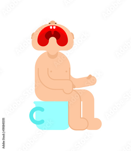 crying toddler sitting on a blue potty. Concept of childhood challenges, stress, and potty training. Flat vector character isolated on white background