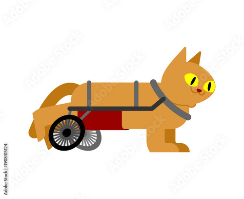 Cute ginger cat in a wheelchair for disabled pets. Concept of animal care, veterinary help and feline rehabilitation. Flat vector illustration of a happy kitten on wheels.