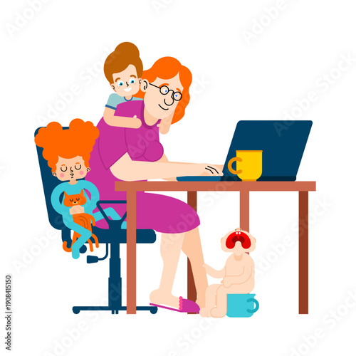 Busy freelance mother working on laptop with three kids. Concept of multitasking parent life, home office and childcare balance. Flat vector illustration on white background.