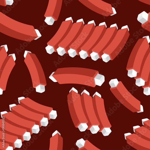 Seamless pattern with grilled meat ribs on dark brown background. Delicious food ornament for restaurant interior, butcher shop textile and wrapping paper. Vector illustration.