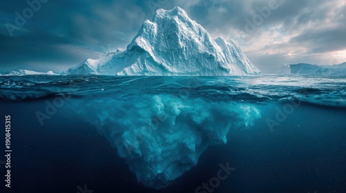 Iceberg With Above And Underwater View Taken In Greenland. Iceberg - Hidden Danger And Global Warming Concept. Iceberg illusion creative idea.