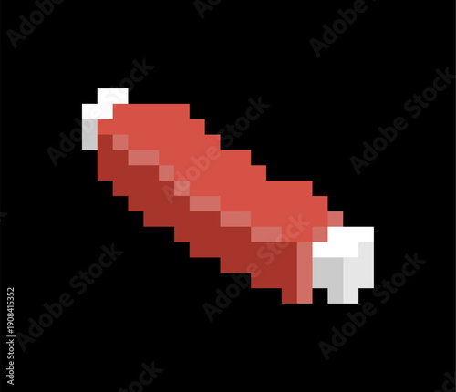 Single pixel art meat rib on black background. Grilled BBQ pork or beef rib icon. Retro 8-bit game style food illustration for restaurant menu, cooking assets and digital art.