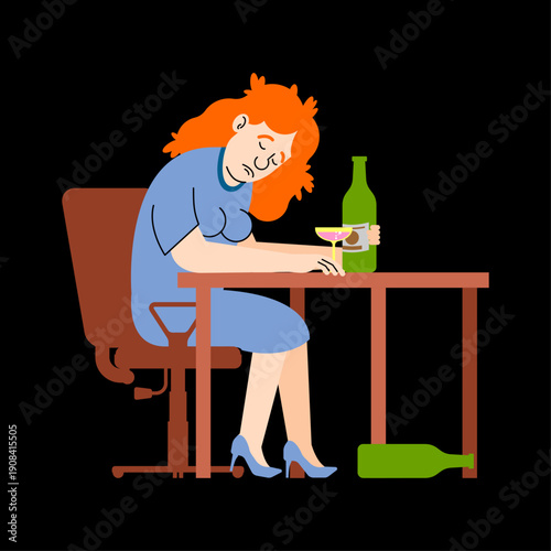 Drunk woman sitting at a table with green beer bottles. Concept of female alcoholism, depression, loneliness and social problems. Flat vector illustration on white.