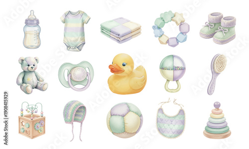 Watercolor baby accessories and nursery toy collection set