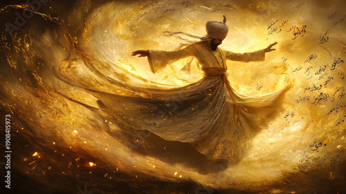 A stylized Sufi dervish dancing in the wind, deep spiritual connection concept