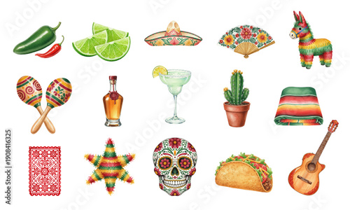 Watercolor Mexican culture elements set