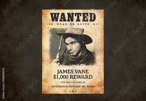 Classic Wanted Poster Template in Old Country & Western Style, Vintage Paper Texture & Rustic Hues