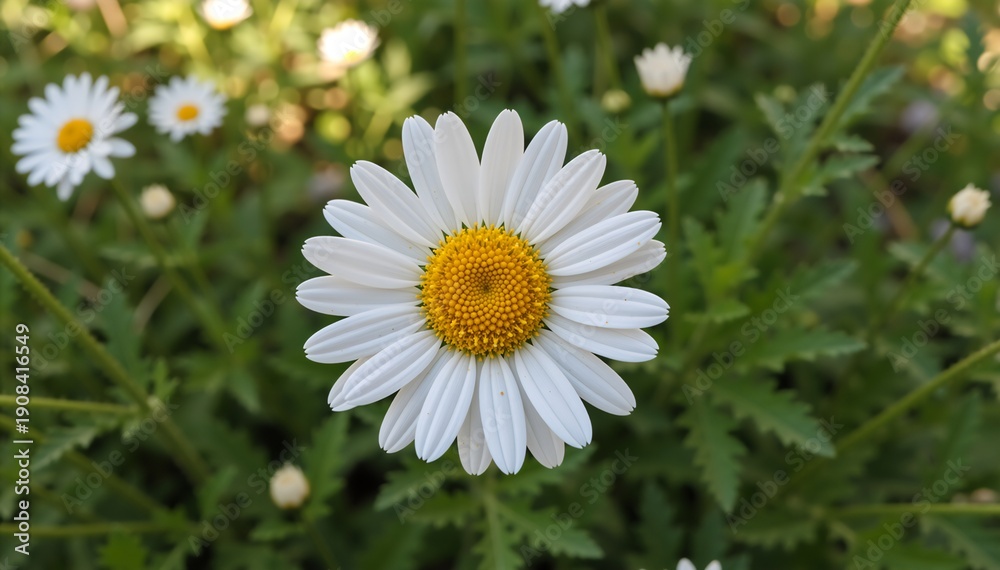 Obraz premium Close-up of a white daisy flower with yellow center in a garden. Blooming chamomile plant in spring nature