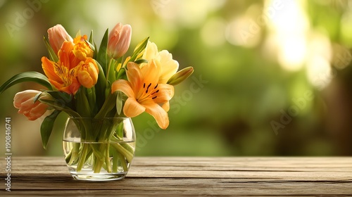 Vibrant Bouquet of Orange and Yellow Tulips and Lilies in a Glass Vase on a Wooden Table.