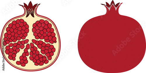Vector illustration of whole and half red pomegranate fruit with seeds isolated on white background for healthy food design and organic market logo