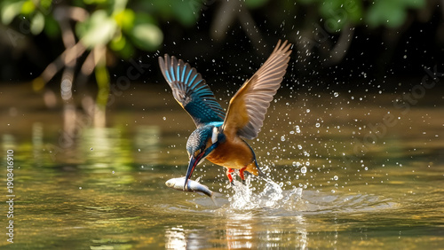 Vibrant kingfisher bird diving into clear water to catch a fish