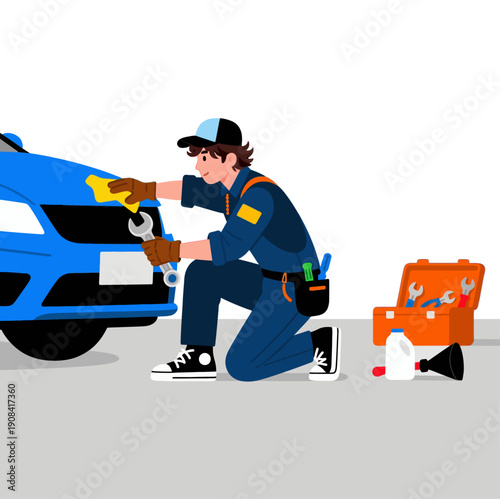 Vector illustration of an auto repairman performing car maintenance