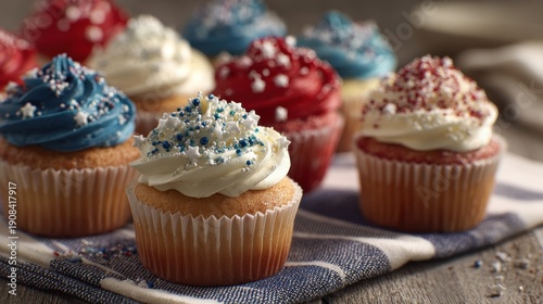 Patriotic red, white, and blue cupcakes with festive sprinkles ready for celebration.