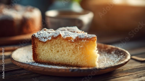 Wallpaper Mural Delicious Slice of Cake with Powdered Sugar on a Rustic Plate. Torontodigital.ca