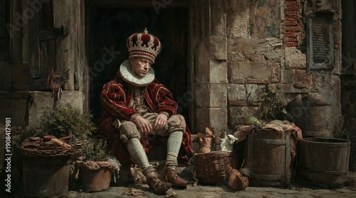 Melancholy Depiction of a Disgraced King Sitting Outside a Rustic Stone Dwelling