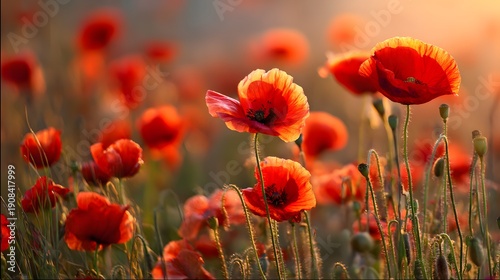 Vibrant Red Poppies Field at Golden Hour Sunlight.