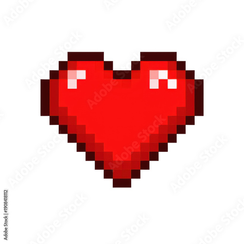 Pixelated red heart icon in 8 bit retro video game style isolated on white background for valentines day love symbol gaming ui app sticker emoji and nostalgia graphic element social media badge