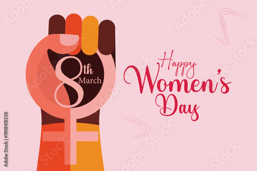 International Womens Day Celebration Design with Diverse Raised Fist and Feminist Symbol