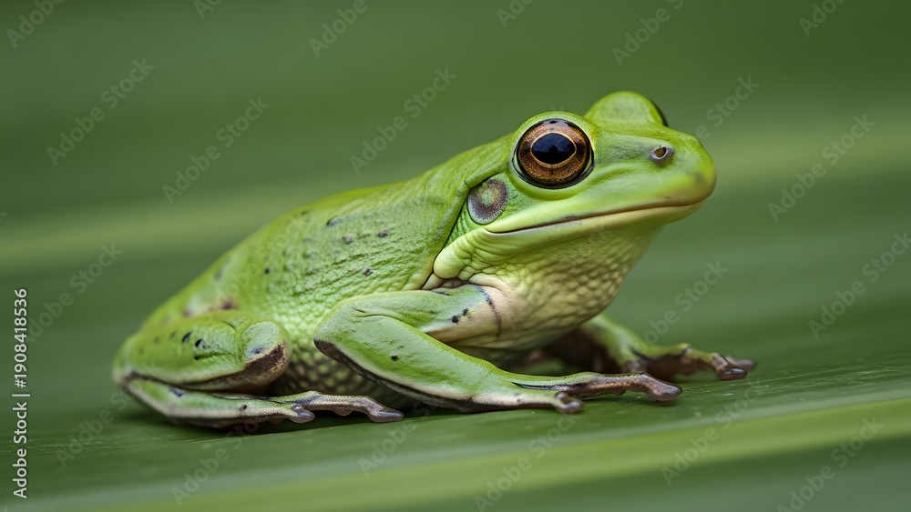 Fototapeta premium A vibrant green frog perched on a leaf in a serene natural setting.
