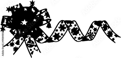 Festive Christmas Ribbon with Stars and Bells - Black and White Illustration