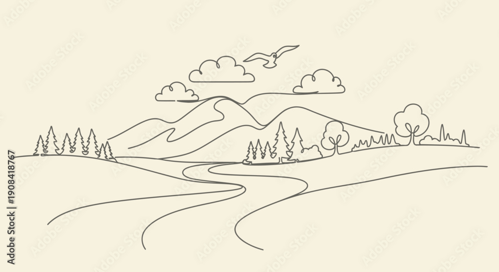 Fototapeta premium Minimalist line art landscape mountains clouds bird trees and river flowing