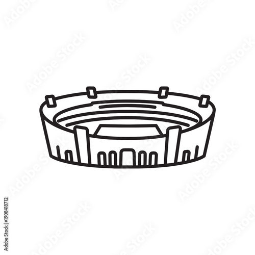 Black and white line of a circular stadium with multiple tiers and entrances line black and white