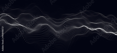 Wave of flowing particles on a dark background. Abstract backdrop with dynamic elements of waves and dots. Vector