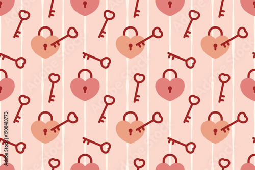 Romantic Valentine pattern with heart key and lock on stripe background. Great for love themes, wedding designs, cards, packaging and symbolic relationship artwork.
