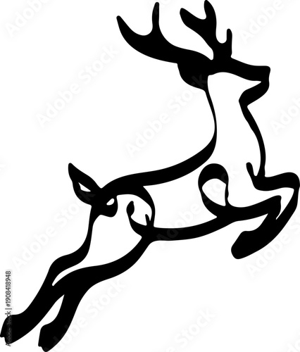Elegant black silhouette of a jumping reindeer illustration on a white background