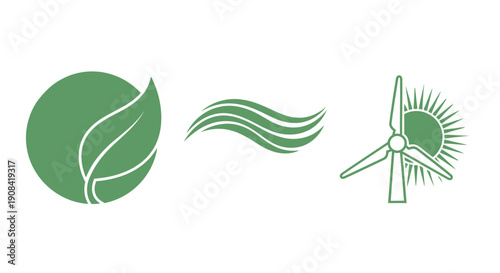 Sustainable energy symbols leaf wind sun and wind turbine icons