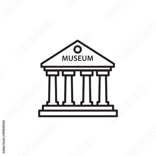 Black and white line of a museum building with columns and triangular roof line black and white