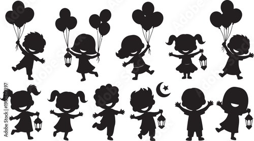 Muslim Family Celebrating Eid Mubarak Cartoon Silhouette Illustration