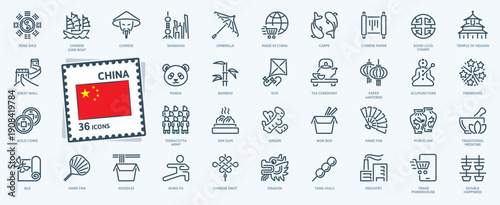 China, Chinise theme web icon set, thin line icons collection including images of carps, panda, dragon, traditional food and medicine, and others symbol.