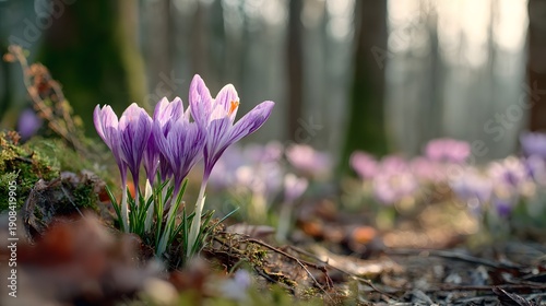 Spring Crocus Flowers Blooming in a Forest Clearing.