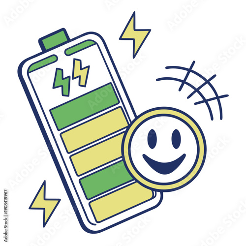 Happy battery emoji with smile icon for energy and productivity boost