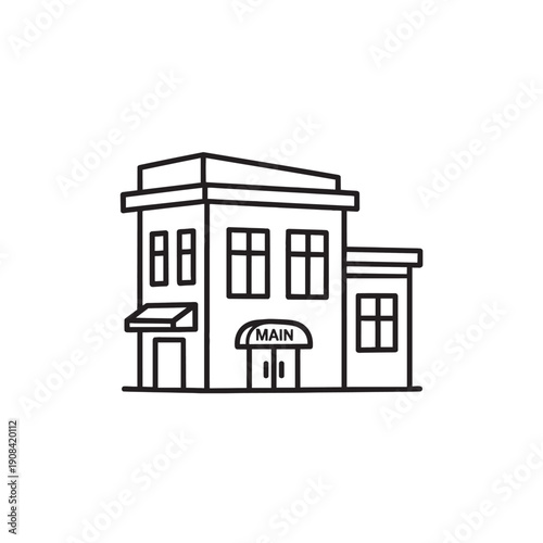 Black and white line of a three-story building with a main entrance line building